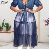 Women Patchwork Mesh Denim Dress With Short Sleeve Button Up Long Dresses Turn Down Collar Casual Sundress 2023 Summer