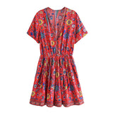 Queens Women Red Floral Peacock Print V-neck Casual Bohemian Mini Dress Ladies Short Sleeve Boho Dresses