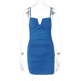 V Neck Spaghetti Strap Backless Dress For Women 2022 Summer Fashion Sleeveless Bodycon Ruched Party Dress
