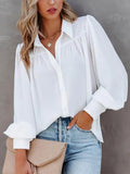 Autumn White Shirt Women Button Up Lantern Sleeve Shirt Ladies Blouse Ruched Loose Shirt For