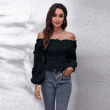 Long Sleeve White Shirt Casual Chiffon Blouse Sweet Front Tie Back Rubber Band Pleated Slash Neck Tops Elegant New