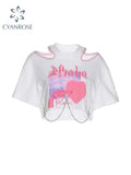 Summer Letter Printed T-shirt Women Clothes Aesthetic Short Sleevle Crop Top 90s Streetwear Y2K Off Shoulder Hollow Out