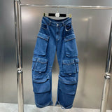 2000 Autumn Fashion High Quality Multiple Pockets Design Jean Women Loose High Waist Blue Denim Pants Female