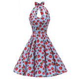 Floral Printed Strawberry Dress Women Halter Backless V Neck Retro Vintage 50s 60s Pinup Swing Rockabilly Dresses For