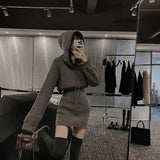 Streetwear Knitted Mini Dress Women Hooded Sweater A Line Dresses Winter Korean Solid High Waist Slim Casual Vestidos