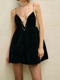 Velvet V-Neck Backless Strap Mini Dress- Outfit