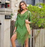 Queens Women Solid Half Sleeve Beach Tassel Loose Bohemian Mini Dress Ladies V-neck Boho Sundress