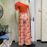 Women 2 Piece Set Sexy One-Shoulder Puff-Sleeve Top Printed Pant Two-Piece Sets High Streetwear Fashion Skirts Set