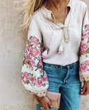 Queens Vintage Chic Women Bohemian Tassel Beach Floral Embroidery Linen Cotton Blouse Loose Boho Shirts