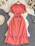 Vintage Women Midi Dress Elegant Pink/Orange/Green Polo Collar Short Sleeve High Waist A-Line Vestidos Female New
