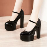 Leather Tip Tip 15CM Catwalk Ultra-High Heel Women's Thick-Sed Waterproof Table Single Shoe With Shallow Model Performance