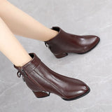 New Ankle Boots Women Pointed Toe Thick Heels Genuine Leather Shoes Short Boots Soft Sole Footwear Plus Size