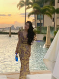 2023 Fashion Elegant Backless Print Slip Dress Female Long Sexy Evening Party Vacation Pleated Dresses Chic Boho