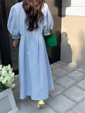 Kitty Normcore Chic Lantern Sleeves Maxi Dress Women Hollow Out Summer 2022 Slim Close Waist Solid New Sweet Casual