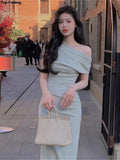 New Elegant Off Shoulder Birthday Evening Party Dress Women Sexy Bodycon Slim Midi Graduation Vestidos Female