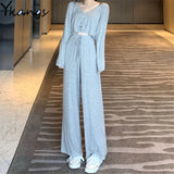 Women 3pcs Sets Cropped Single-Breasted Cardigan Elastic HIgh Waist Drawstring Soft Breathable Wide Leg Pants Casual Female