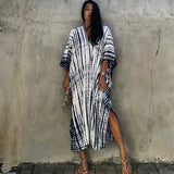 Printed V-neck Batwing Sleeve Side Split Loose Dress For Women Clothes Plus Size Beachwear Maxi Dress