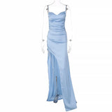 Women 2022 V-neck High Split Long Maxi Evening Party Dresses Female Sexy Solid Blue Bodycon Backless Cocktail Dress