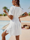 Mini Dress Women White Beach Dress Female Sexy V Neck Pleaseted Dress Ladies Solid Loose Sunscreen Summer Short