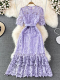 Hollow Out Lace Long Dress Women Sexy O-Neck Short Sleeve High Waist A-Line Vacation Beach Vestidos Female With Belt