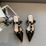 New Rivet Pointed Thin Heel Baotou Half Slipper Female Middle Heel Shallow Mouth Lazy Mueller