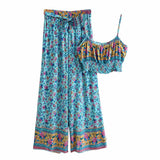 Queens Women Bohemian Two Piece Outfits Off Shoulder Sleeveless Tops Wide Leg Pants 2 Pieces Boho