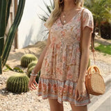 Queens Women Peacock Floral Print Deep V-neck Bohemian Mini Dress Ladies Short Sleeve Boho Dresses