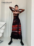 2 Piece Mesh Long Sleeve Punk Dress Women Turtleneck Long Midi Bodycon Ladies Dress Runway Fashion Designer