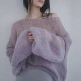 Vintage Hollow Out Thin Sweaters Women Sexy Slash Neck Knit Pullovers Korean Sweet Elegant Loose Soft Sweatshirt Tops
