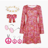 Halloween 70S Hippie Disco Festive Dress Turban + Print Dress