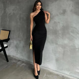 Zingj Summer New Oblique Shoulder Solid Color Open Slit Sleeveless Sexy Temperament Slim Dress