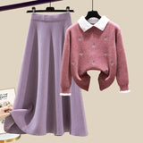 Knitted Two Piece Set Womens Outfits Korean Casual Turn Down Collar Long Sleeve Embroidery Knitted Sweater+skirts