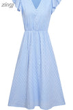 Long Dress Women Solid Summer Dress Female Fashion V Neck Short Sleeve Button Dress Ladies Casual Loose Beach