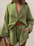 Long Sleeve Lapel Single Breasted Cardigan Shirt + Elastic Waist Shorts 2 Piece Set Women Casual Loose Solid Pocket