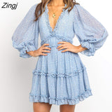 Elegant Ruffles Print Mini Dress Women Sexy Halter V-neck long-sleeved waist Puff sleeve Dresses 2022 women