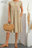 Neck Elegant Simple Short Sleeve Dress Summer Fashion Casual Dress for Women Cotton Linen Dresses 2023 Office Lady Robe