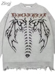 Retro Gothic Print Pullover Sweaters Women's Y2K Street Trend Ripped Sweater Couple Casual Loose Joker Sweater Coat