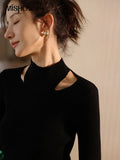 Women's Knitted Sweater 2022 Autumn Hollow Out Half High Collar High Strecth Female Clothing Solid Slim Tops