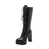Spring Autumn Lacing Knee High Boots Women Fashion White Square Heel Long Boots Woman Leather Shoes Winter Large Size