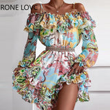 Women Cold Shoulder Ruffles Frill Hem Graphic Print Dress Summer Mini