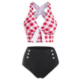 Checkered Criss Cross Tied Button Embellished Tankini Swimwear Padded Bikinis Set Wire Free Plunging Neck For