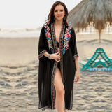 Floral Embroidered Front Open Long Kimono Cardigan Plus Size Navy Blue Tunic Women Tops and Blouses Shirts