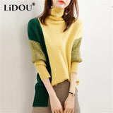 Winter Women's High Collar Patchwork Irregular Sweater Lady Elegant Fashion All-match Knitting Pullover Bottoming