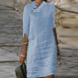 Solid Pullover Dresses Spring Cotton Linen Loose Medium Length Dress Retro Button Stand Collar Half Sleeve Commuter
