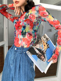 Red Crewneck Mesh Top Long Sleeve T Shirt Oil Painting Y2k Fashion Floral Top Crew Neck Tee Femme 2021 Fashion