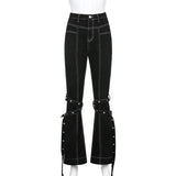 Vintage Y2K Streetwear Bandage Flare Pants Punk Aesthetics High Waist Denim Black Jeans 90s Fashion Long Trousers