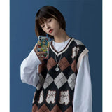 Style Oversize Sweater Woman Argyle Kawaii Bear Women's Knitted Vest Loose Korean Pullover Sleeveless Sweater for