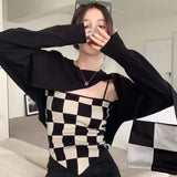 Gothic Irregular Women T-shirt Knitted Black Pullove+checkerboard Camis Tank Tops Y2k Korean Style Autumn Tee