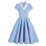Patchwork Summer Women Swing Pin Up 50s Dresses Green Blue Yellow Fashion Pure Color Casual Elegant 50s Swing Flare