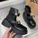 Shoes Buckle Ankle Strap Platform Shoe Women Patent Leather Thick Sole Punk Hollow Outs Retro Motorcycle boot